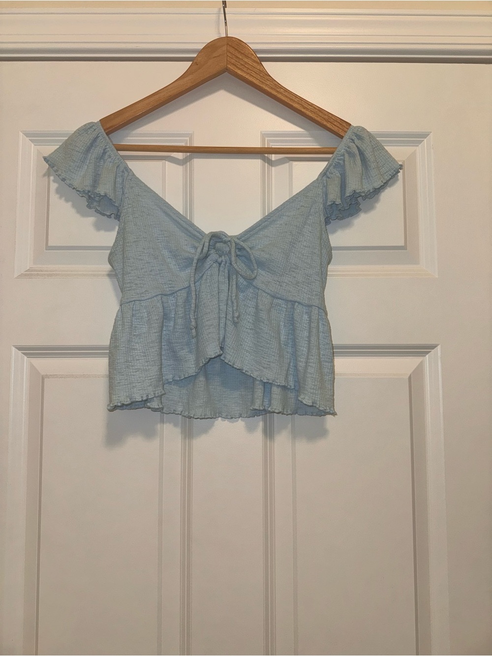 American Eagle Outfitters Light Blue Ruffle Tie-Front Crop Top